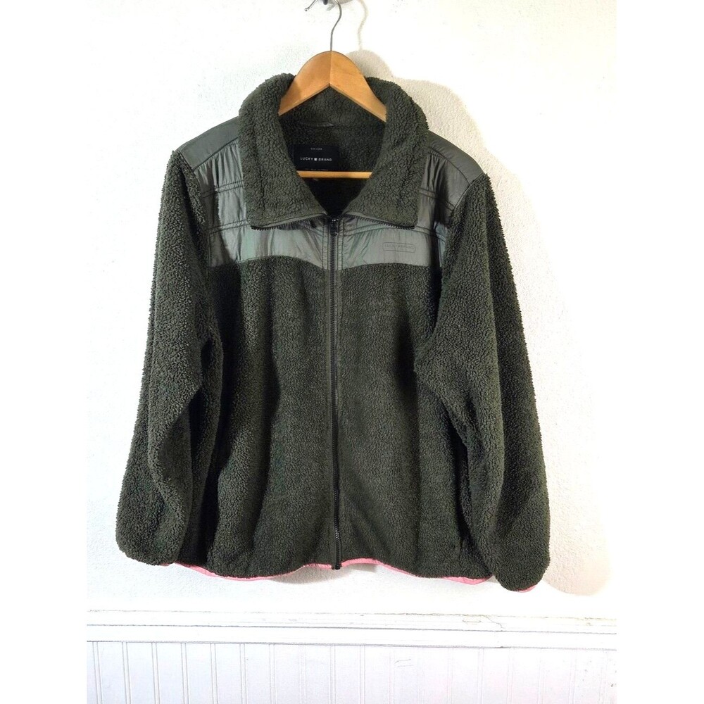 Lucky Brand Sherpa Fleece Jacket Womens XL Green Full Zip Cozy Teddy Jacket